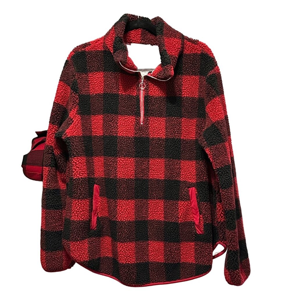 Angashion red black buffalo plaid 1/4 zip woman’s size XL fleece jacket